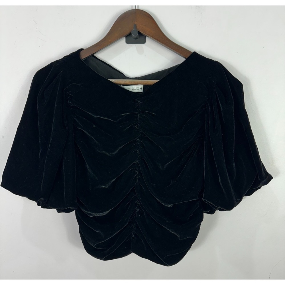 Zara Black Velvet Ruched Crop Top Size Small Puff Sleeve Whimsigoth Art Deco - Picture 1 of 5